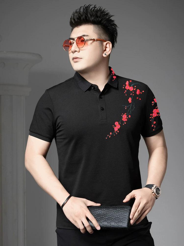 European Station 2025 New Summer Short-Sleeve Polo Shirt for Men, National Trend Plum Blossom Embroidery Turn-Down Collar Top Half-Sleeve T-Shirt