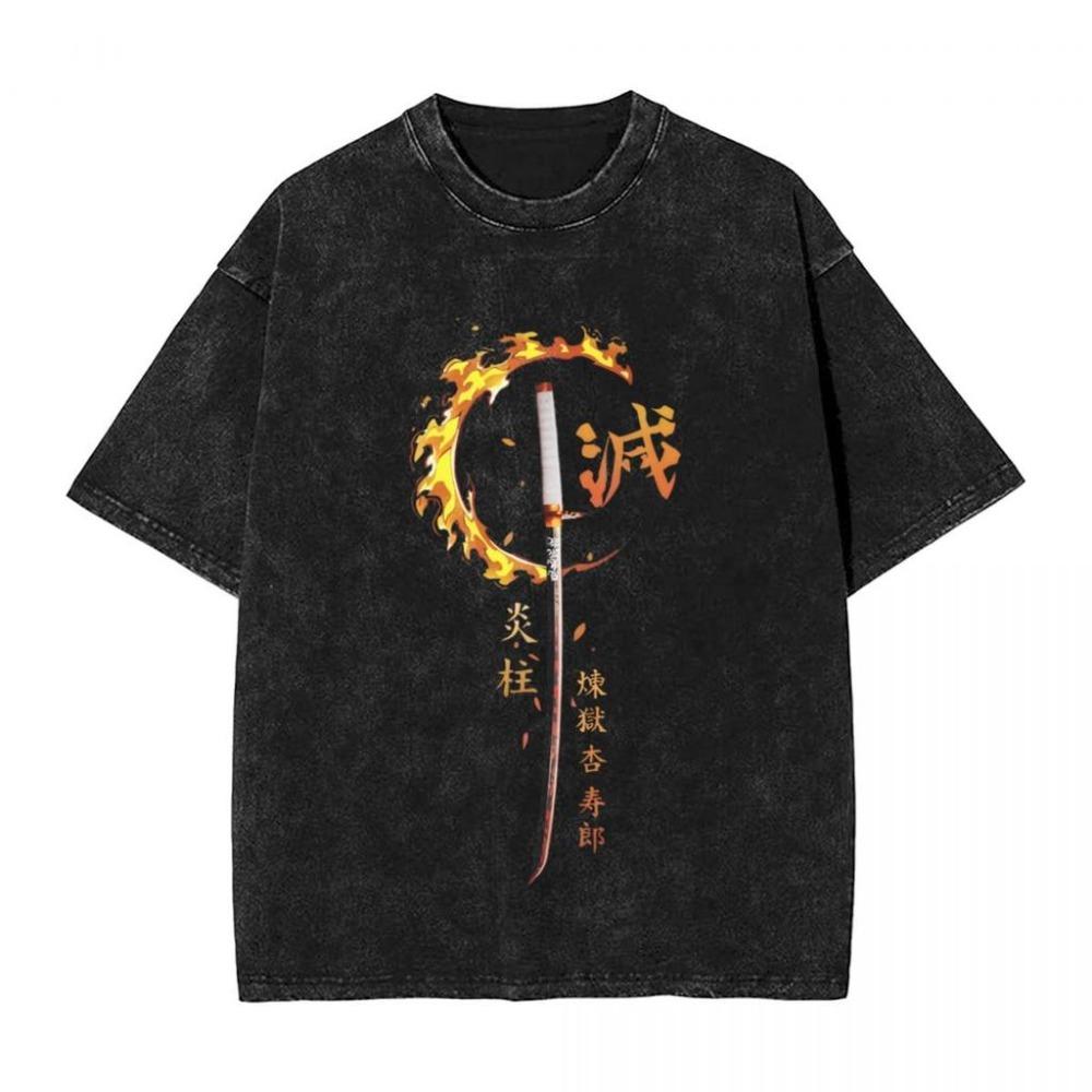 T-shirt Graphique Homme Demon Slayer Rengoku Kyoujurou Coton Street Washed Oversized