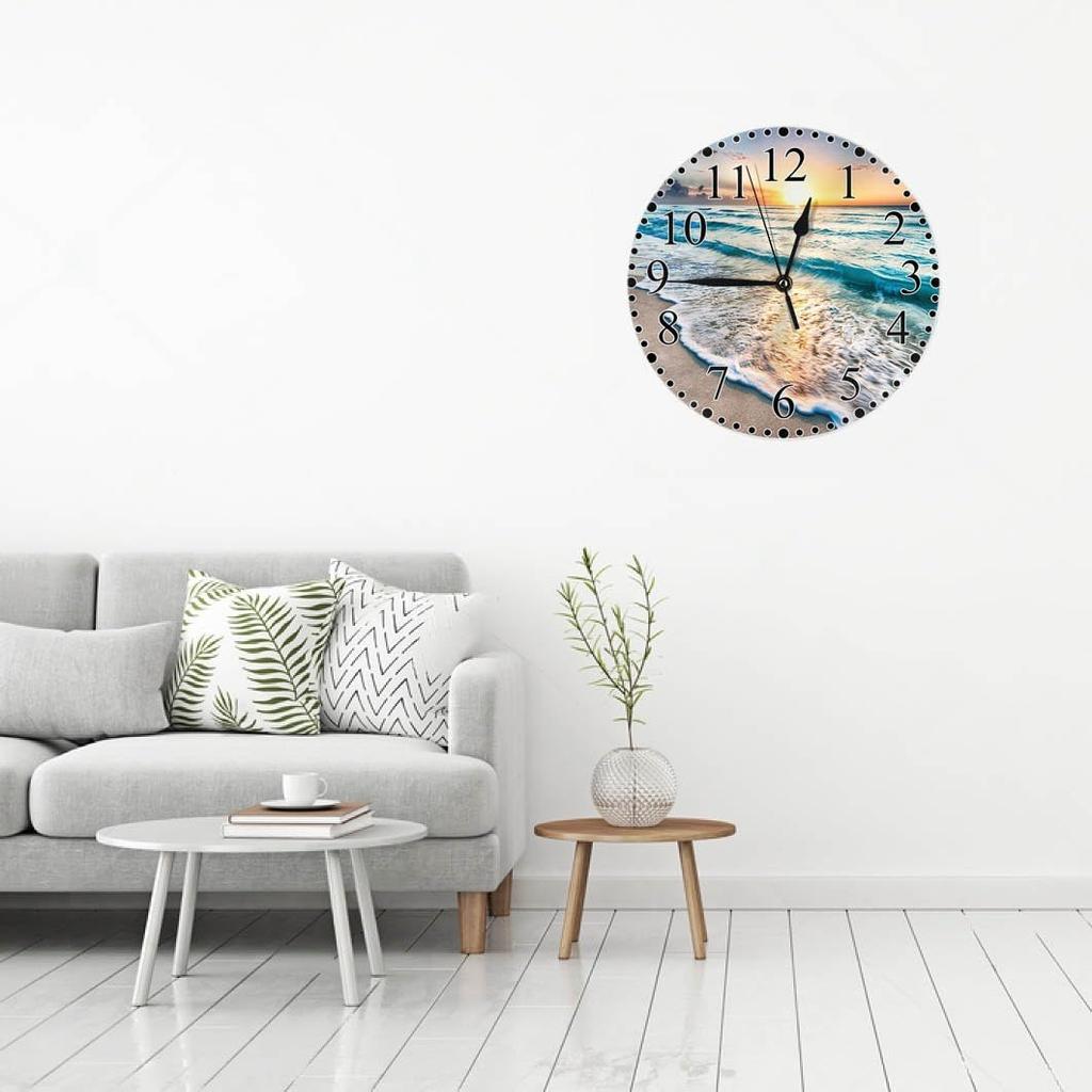 Seaside Wave Wall Clock 10 Inch Battery Operated Ocean Tropical Beach Sunset Dusk Blue Summer Hawaii Clock Silent Non-Ticking Modern Clocks