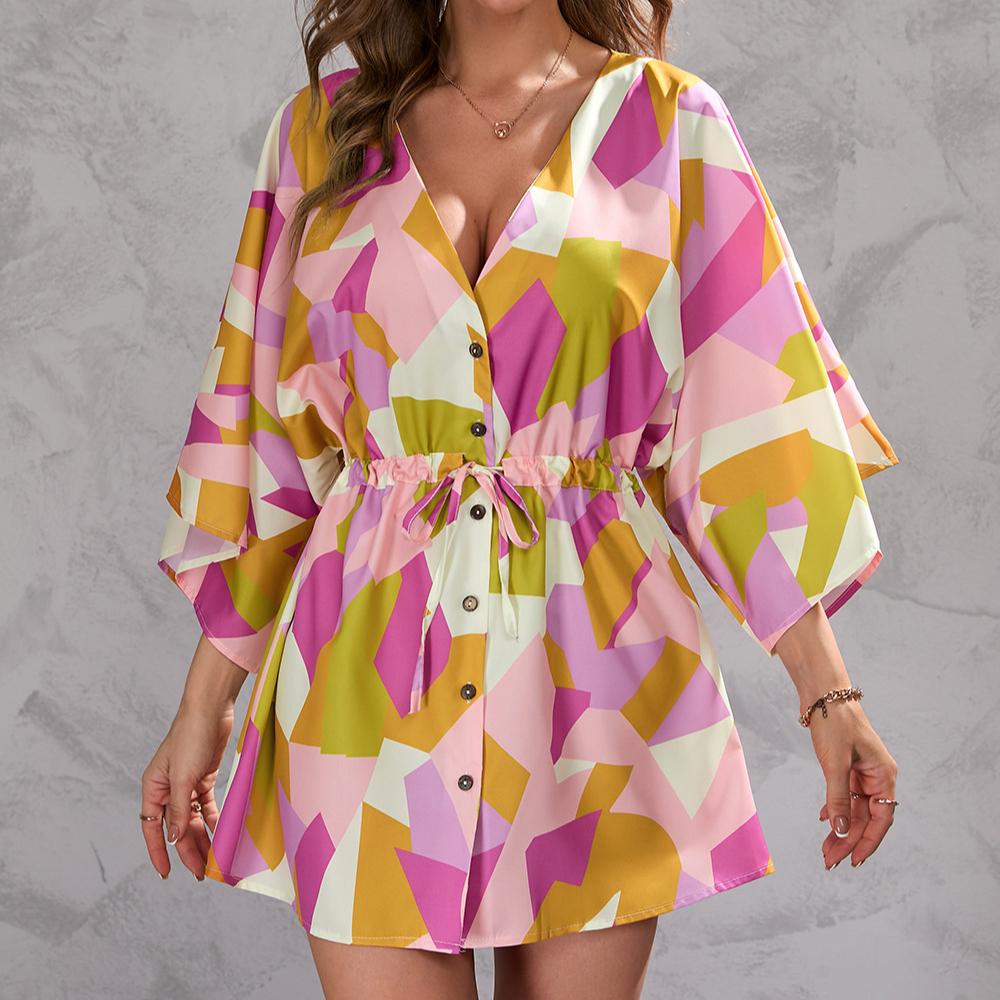 

GMXIA Женская мода Лето Весна с цветочным принтом с коротким рукавом и v-образным вырезом с высокой талией повседневные платья XXL розовый