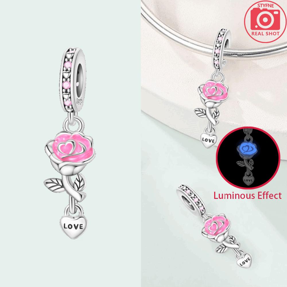 

Charm Bead 925 Silver Pink Rose Luminous Pendant Beads Fit Bracelet Jewelry Making Fine Gift Diy Accessory