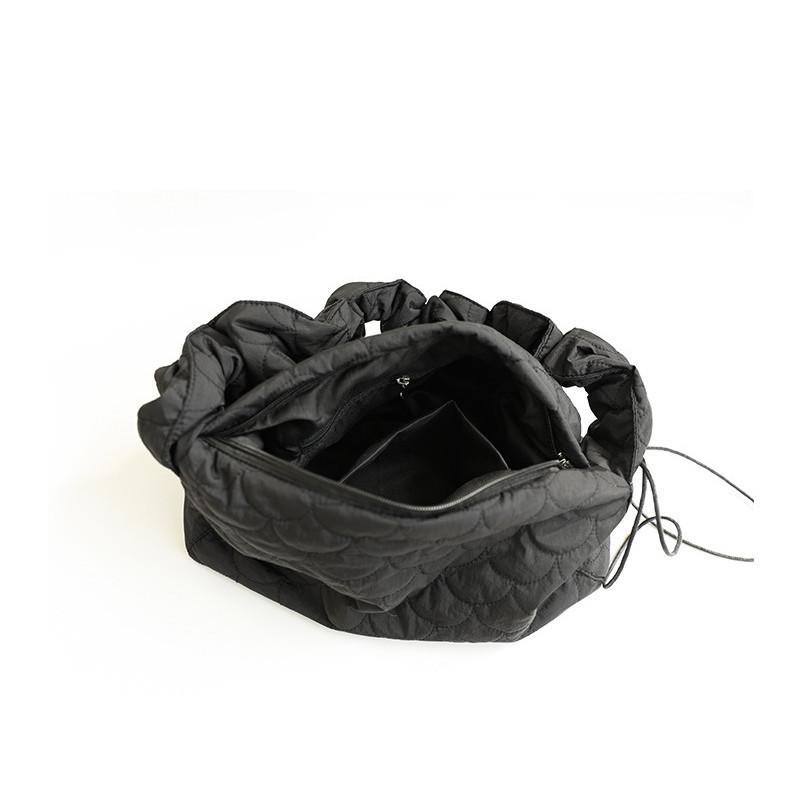 IELGY Japanese Casual Drawstring Canvas Underarm Bag, Fashionable Embroidered Thread Shoulder Pleated Padded Cotton Messenger Bag