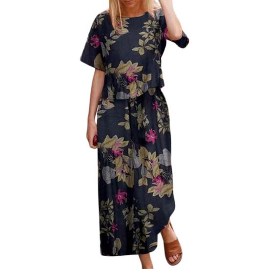 

Женский модный 2-предметный домашний комплект с принтом: футболка с коротким рукавом и широкие брюки. Легкий дышащий костюм для повседневной носки весной, летом и осенью. S темно-синий