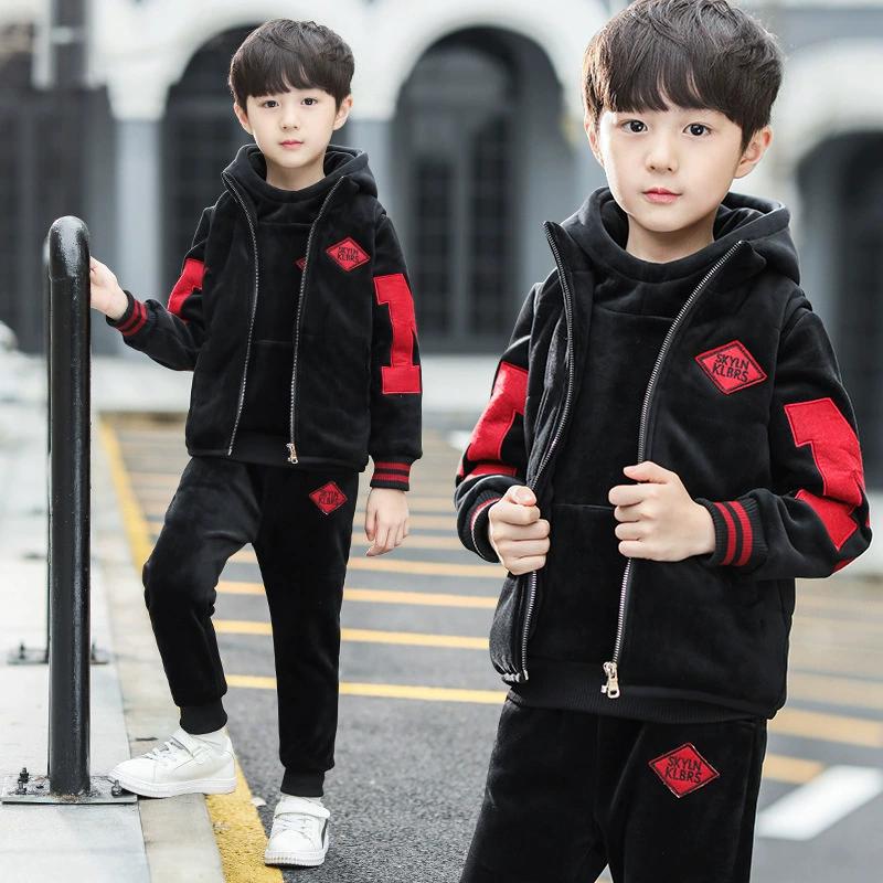 Autumn Winter Boys Tracksuit Teenager Clothes Velvet Zipper Vest Jacket + Hooded + Pant Children Set Kids 8 9 10 11 12 Year