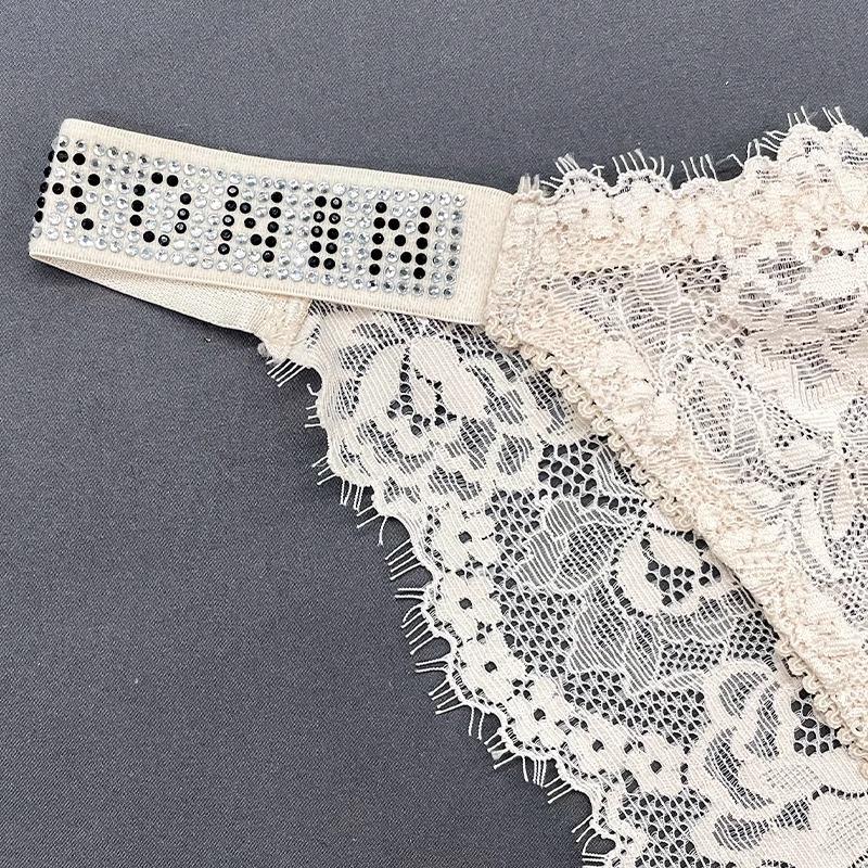 Hot Diamond Sexy Lace Underwear Women's Double Belt Thongs Diamond Decoration Hot Simple Breathable Hollow Lightweight Bikini Panties