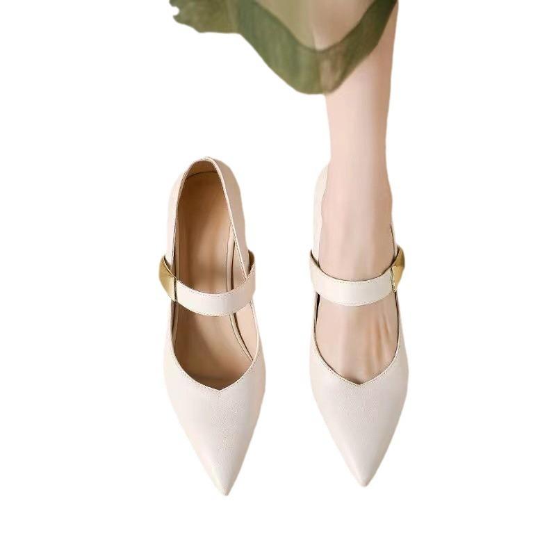 Xia new pointed thick heel middle heel fashion single shoes women's one-word buckle soft leather commuter Mary Jane shoes