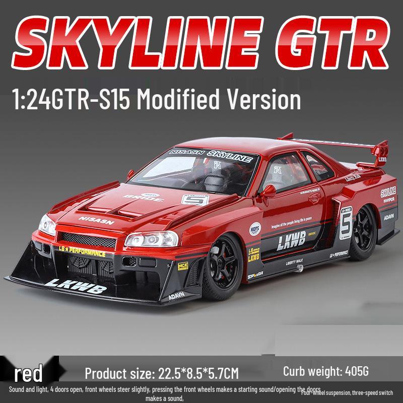 1:24 Alloy GTR R34 Model Car Toy with Sound, Light, Openable Doors, Four-Wheel Steering, and Pull-Back Action