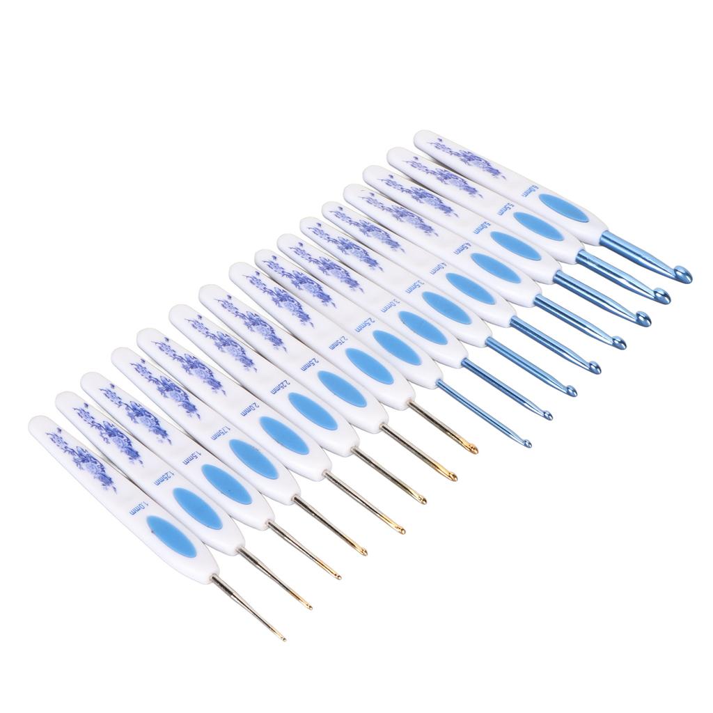 16pcs Crochet Hooks Set Blue White Porcelain Ergonomic Handle Crochet Needles with Case DIY Hand