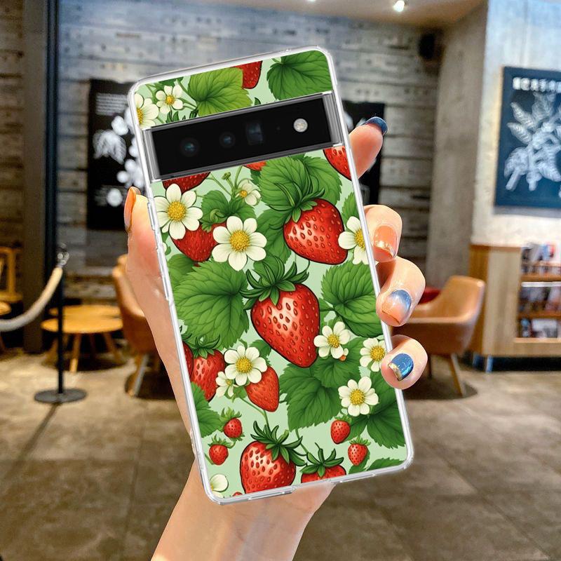 For Google Pixel 10 Pro Clear Phone Case Pixel 9 Pro XL Pixel 8 Pro 9A 8A 7A 7 6A 6 Pro Cover Summer Strawberry Flowers Print