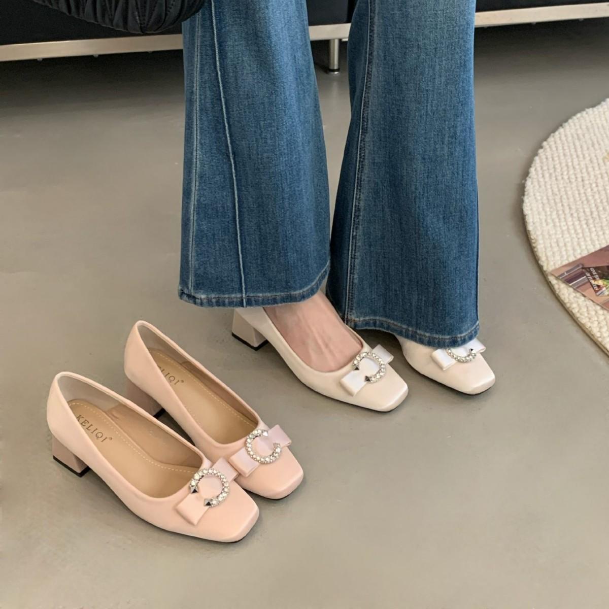 

French gentle with skirt thick heel light mouth single shoes women s new bow satin square head high heels 39 розовый