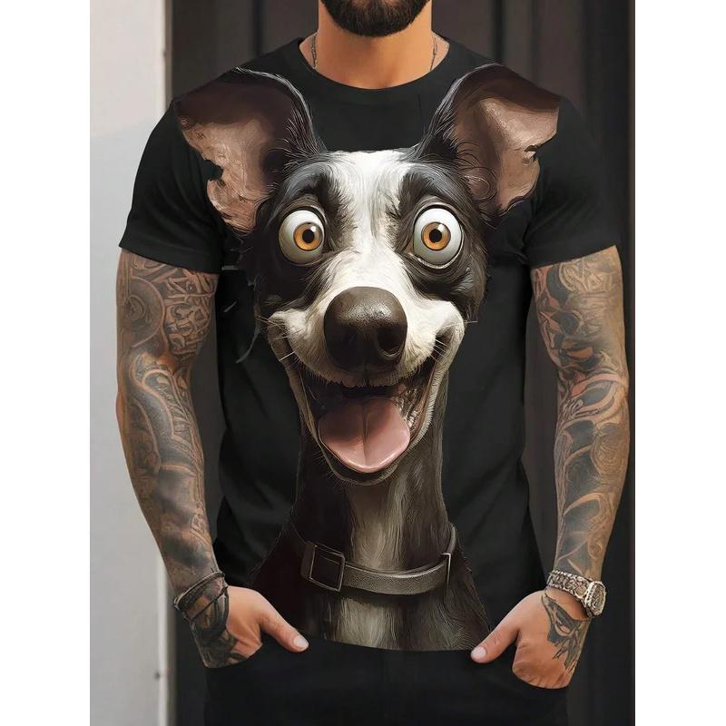 Summer Round Neck 3D Funny Big Eyes Dog Pattern Print Top Fashionable Casual Short Sleeved Men's T-shirts