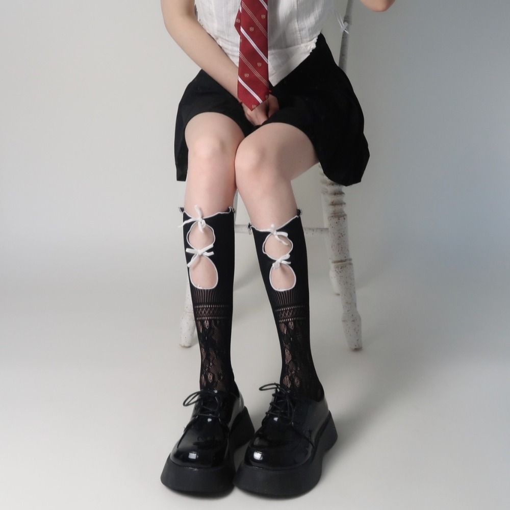 Hollow Lace Flocking Bow Fishnet Sock Cute French Retro Vintage Socks New Cool Women Socks