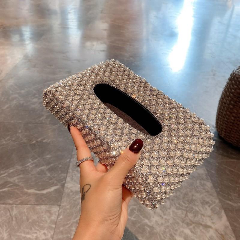 Luxury Pearl Rhinestone Car Tissue Box Desktop Holder Living Room Bathroom Multi-Use Stainless Steel