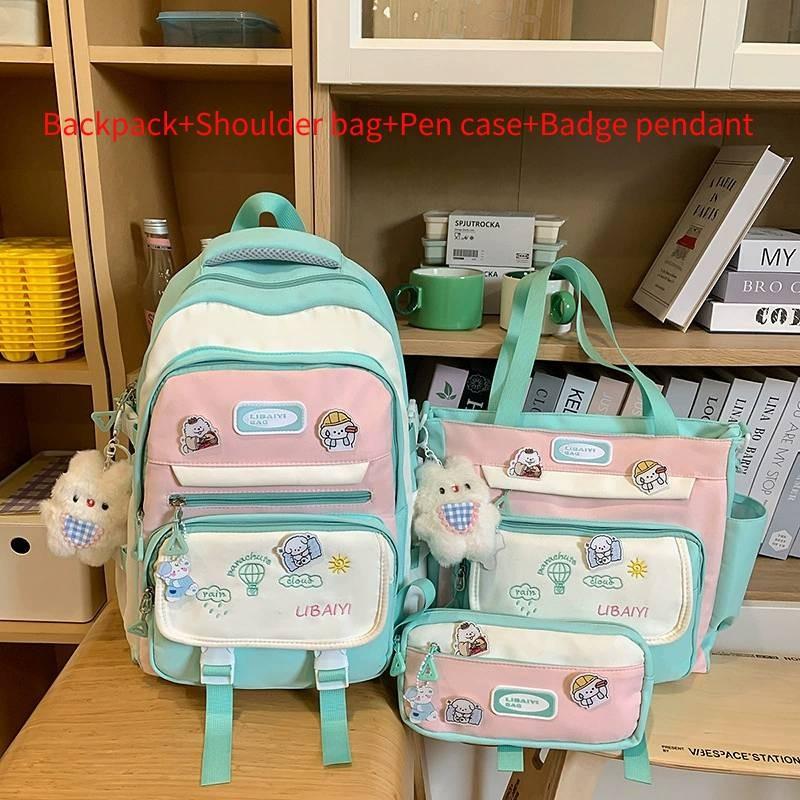 Color Blocked Embroidery Student Backpack Shoulder Bag Pencil Case Set For Teens зелёный