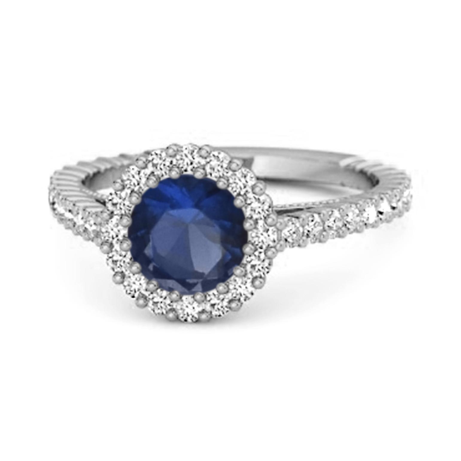 

Blue Sapphire Halo Accents Ring - 925 Sterling Silver 12 білий