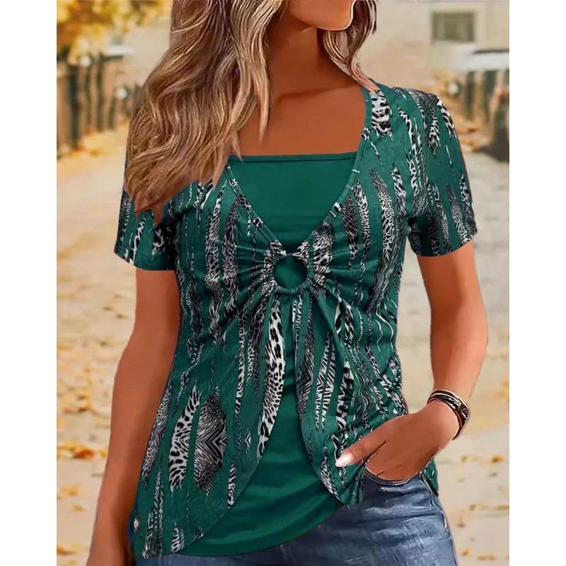 

Spring and summer new fake two-piece women s short sleeves XXL зелёный