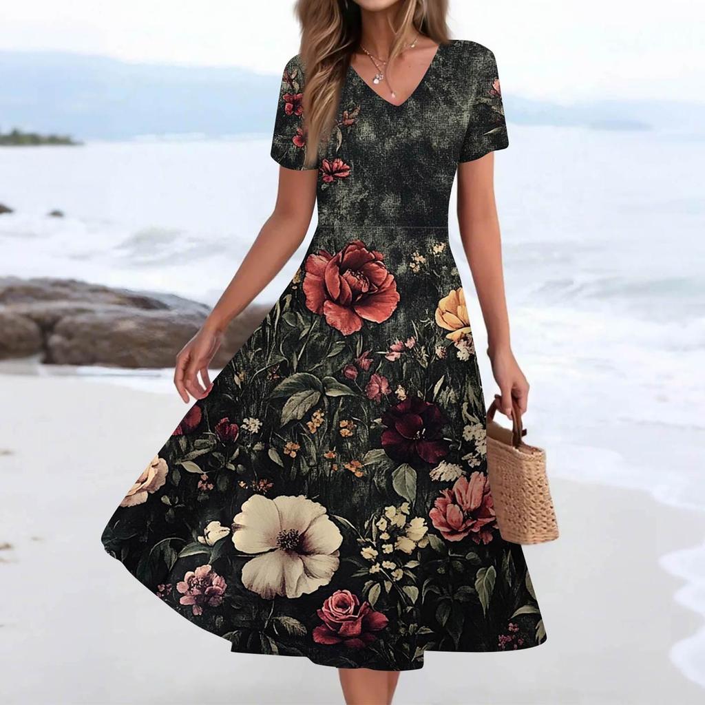 Women's Summer Casual Fashion Print Pocket Short Sleeve V-Neck Swing Dress