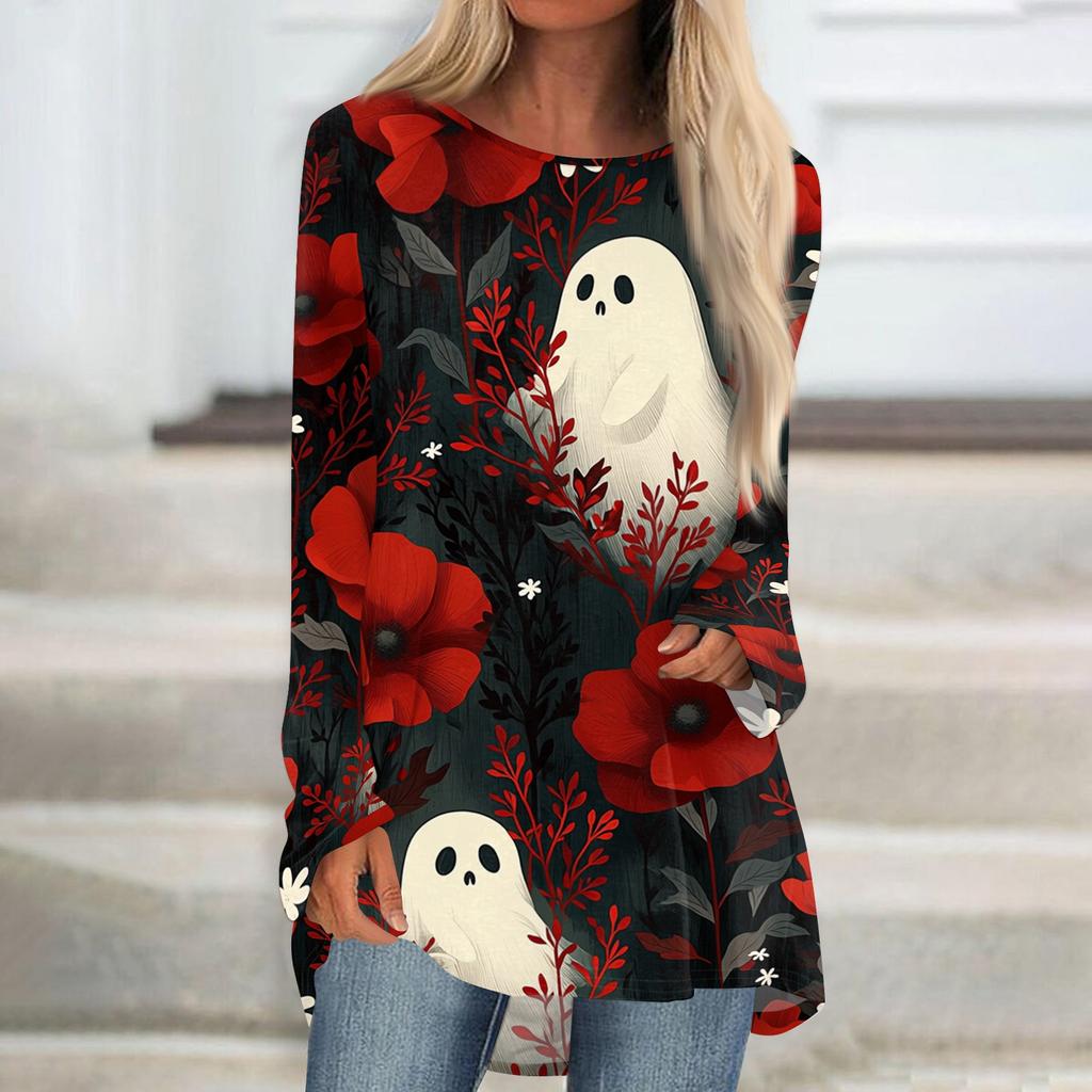Women's Halloween Printed Long Sleeve Round Neck T-Shirt Mid-Length Casual Top