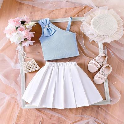 Mädchen Freizeitanzug Sommer Kinder Mode Schleife Neckholder Top + Weißer Plisseerock Anzug