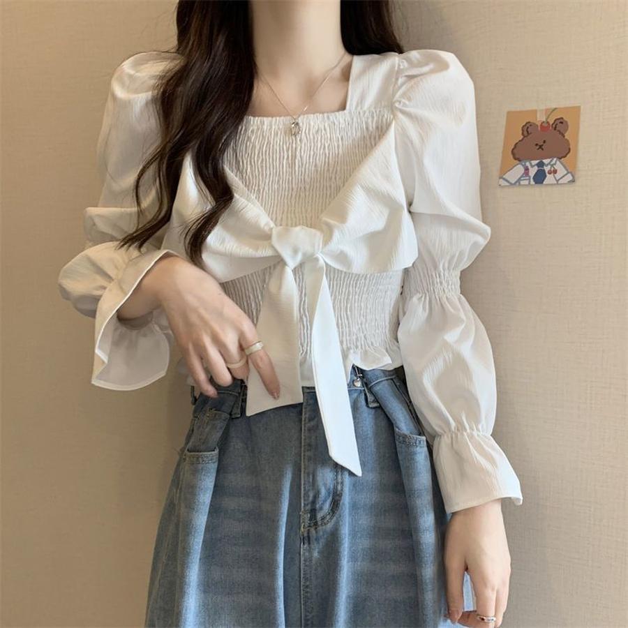 

New French Boutique Short Sleeve Long Sleeve Shirt Design Slim Fit Ruched Tie-Back Top for Women XXL білий