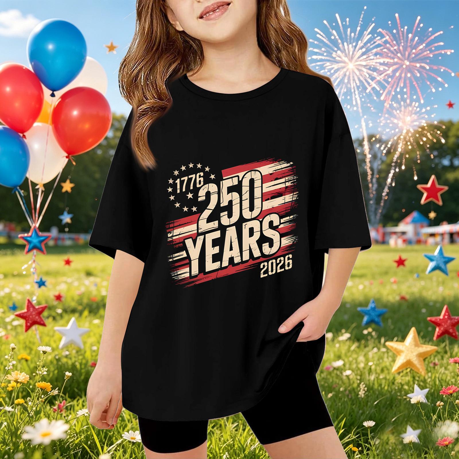 

Kids Short Sleeve T Shirt 250 Years Commemorative Graphic Tee Independence Day 1776 2026 Casual Fit Cotton Top for Boys and Girls 120 чорний