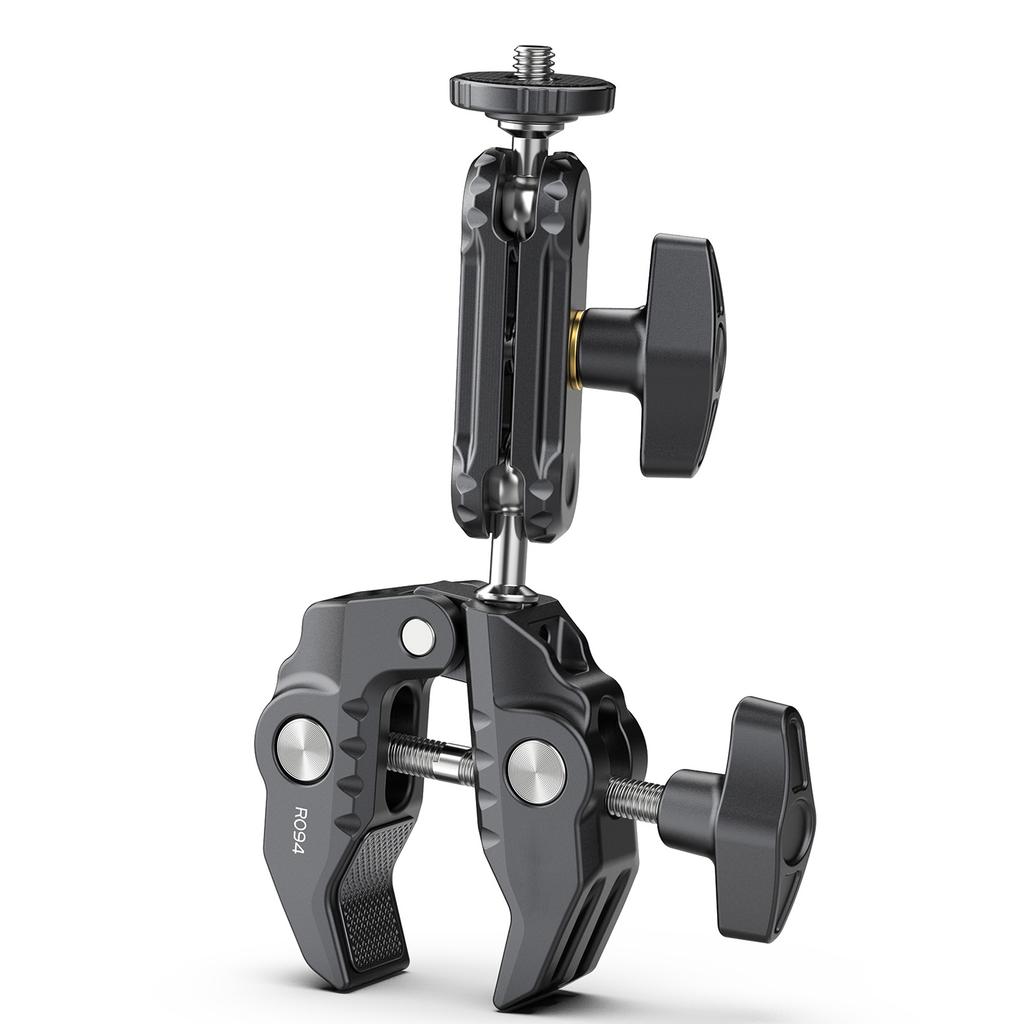 R094 Multi-functional Super Clamp   Mount Clamp Dual 360 degrees  Rotatable  head Aluminum Alloy with 1Celsius4 Inch Screw 3Celsius8 Inch Thread