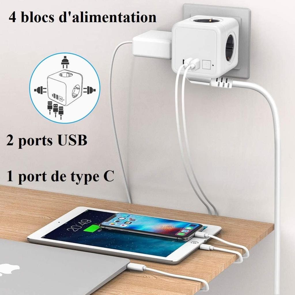 Multiple USB Socket, Wall Socket, Cube, 4 Sockets, with 3 USB Power Supply, 7-in-1 Power Strip USB Power Supply with Switch, Wall Socket
