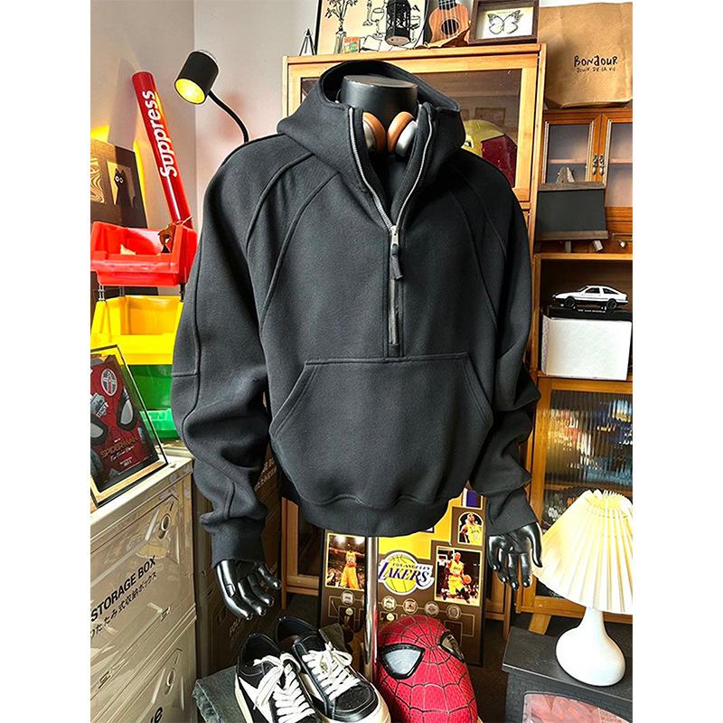 Herren Trendy Herbst Schwere Kapuzenjacke mit Stehkragen und halbem Reißverschluss mit Samtfutter