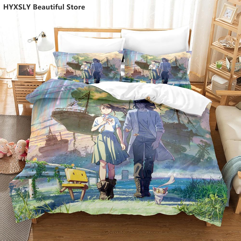 Suzume No Tojimari Bedding Set 3D Anime Polyester Quilt Cover Pillowcases Queen King For Kids Gift Cute Anime Duvet Cover Sets