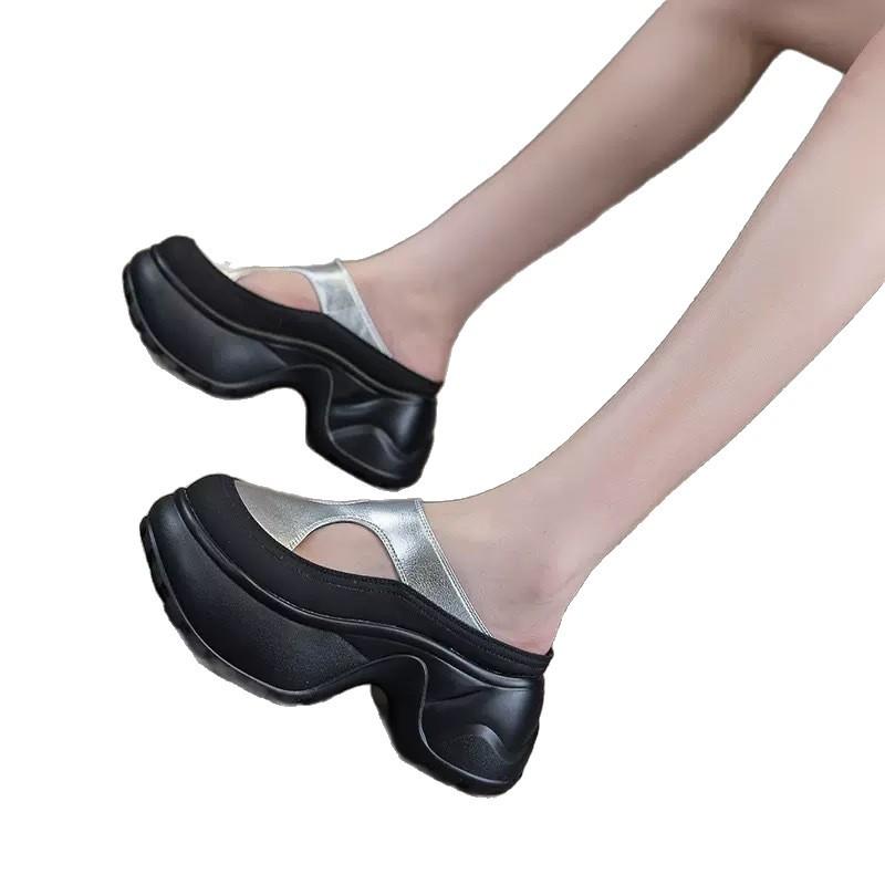 Baotou half slippers women's wear 2025 autumn new Internet celebrity hollow breathable sandals muffin thick sole heightening women's shoes