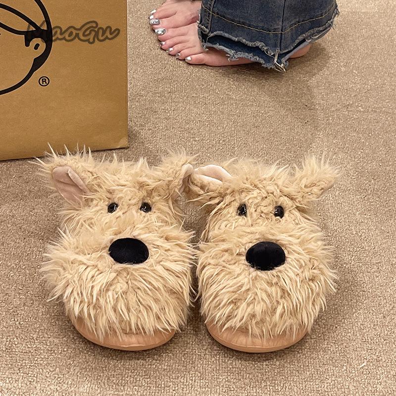 Fashion Casual Fluffy Women's Slippers Home Flat Cartoon Dog Design Winter Shoes Girls Indoor Plush Platform Footwear Fuzzy Fur Slides