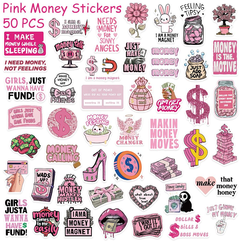 50 Waterproof Pink Money Stickers for Suitcases, Skateboards, Computers, and Phones YCK484