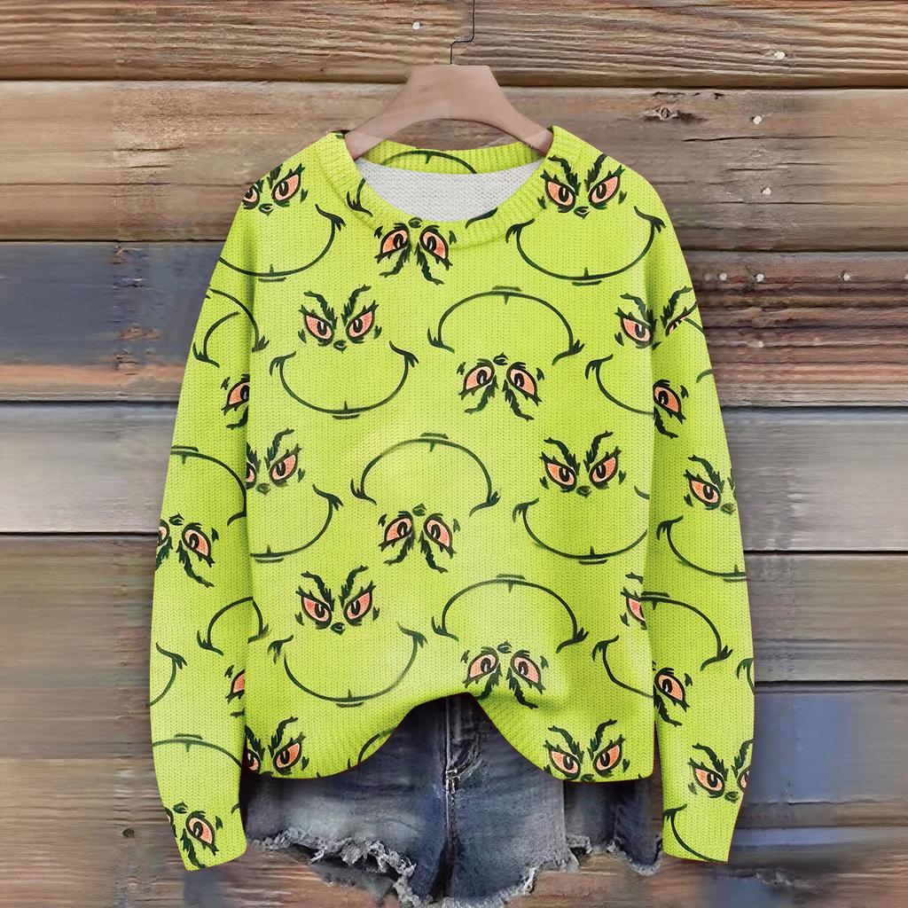 Long Sleeve Pullover Sweaters For Women O Neck Casual Cute Printing Knit Oversized Sweater