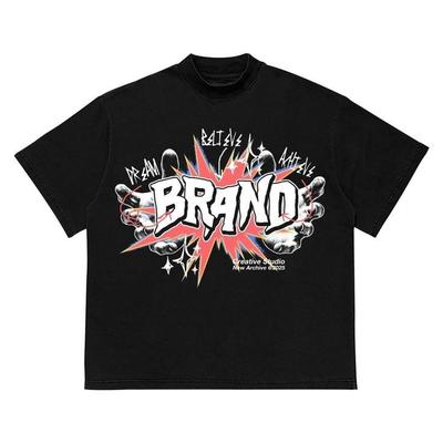 Washed Black Mock Neck T-Shirt Graffiti Hand BRAND Explosion Print Hip Hop Stree