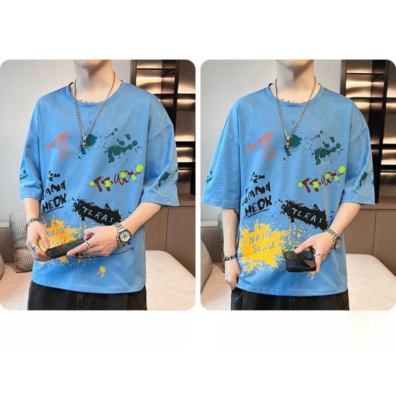 Camiseta de Verano para Hombre Streetwear Manga Corta Holgada Estampada Estudiante Casual Top Media Manga Cuello Redondo Camiseta de Marca