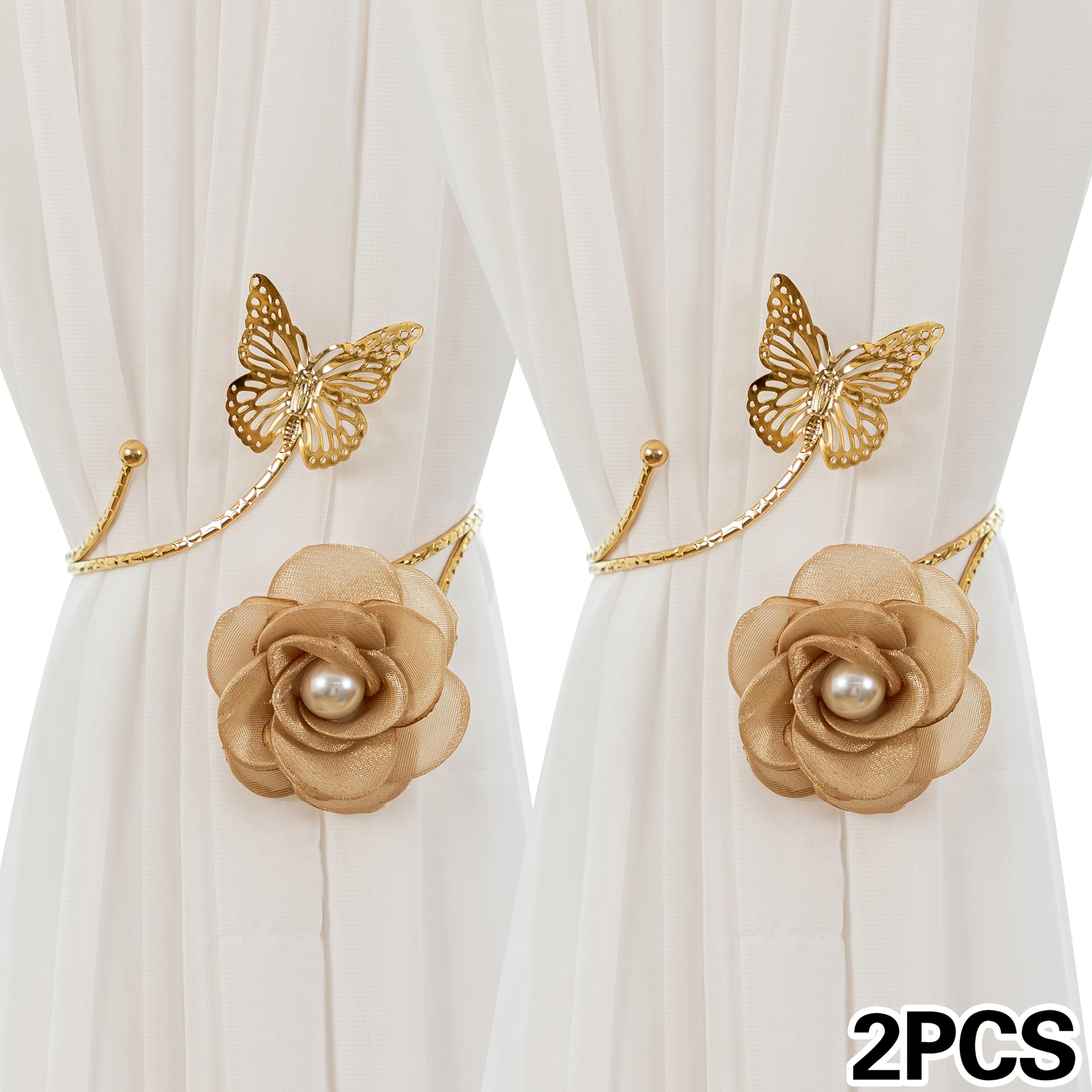 2Pcs Golden Metal Hollow Butterfly Curtain Ties Faux Pearl Flower Design Adjustable Curtain Clips Curtain Holder Suitable for Bedrooms, Living Rooms