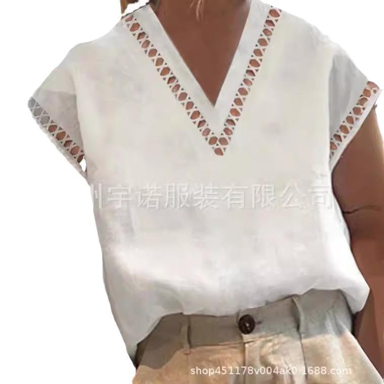 2023 Women's European & American Lace Hollow Cotton Linen V-Neck Shirt
