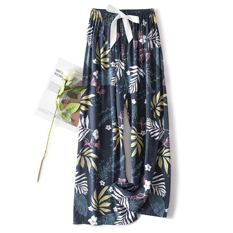 Pantaloni de pijama din bumbac mătase pentru femei, secțiune subțire de vară, anti-țânțari, pantaloni cu picior lat, culoare uni, pentru exterior, casă, petrecere a timpului liber, imprimeu, pantaloni de plajă până la genunchi