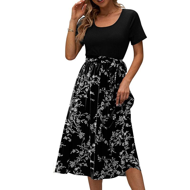 Summer Women's Dress Round Neck Splicing Lace-up Print Short-sleeved Casual Dresses