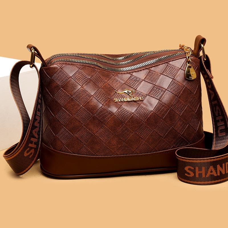 Fashion diamond soft leather messenger bag women's new retro simple multi-layer large-capacity shoulder bag mother bag