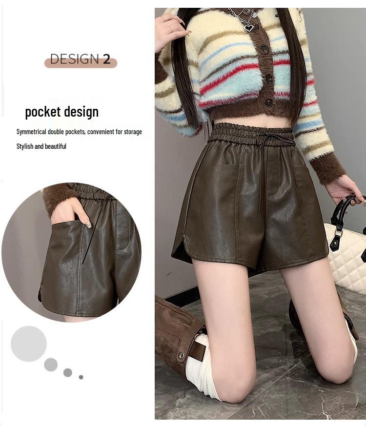 Women's Black PU Leather High Waist Wide-Leg Shorts - 2024 Autumn/Winter Collection