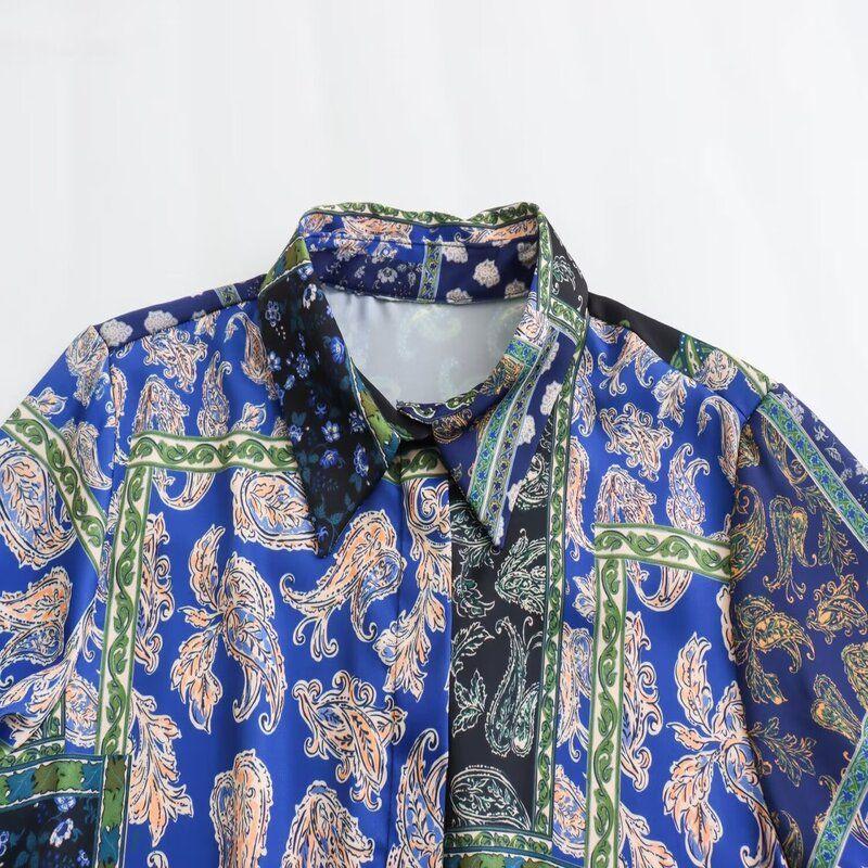 24 Spring New Simple Style Women's Clothing Casual Loose Patchwork Print Silk Satin Texture Shirt 2298073 330