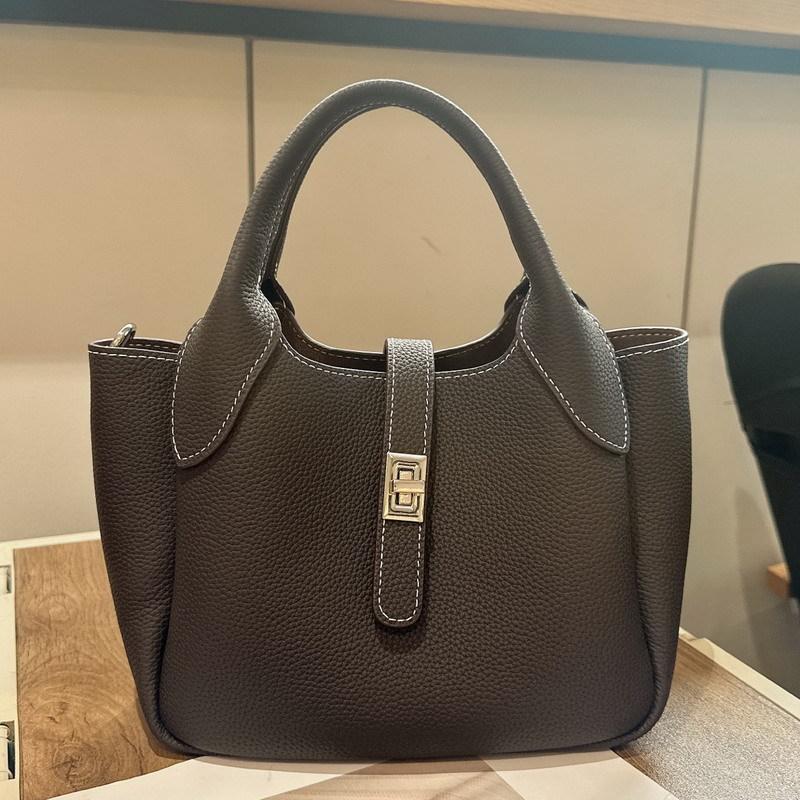 New first-layer cowhide leather high-end bucket bag vegetable basket bag single shoulder crossbody handbag women's bag