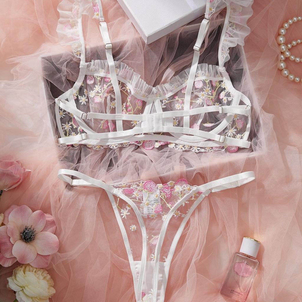 European and American Sexy bra set strawberry embroidery comfortable sex mesh women's sexy underwear steel ring set