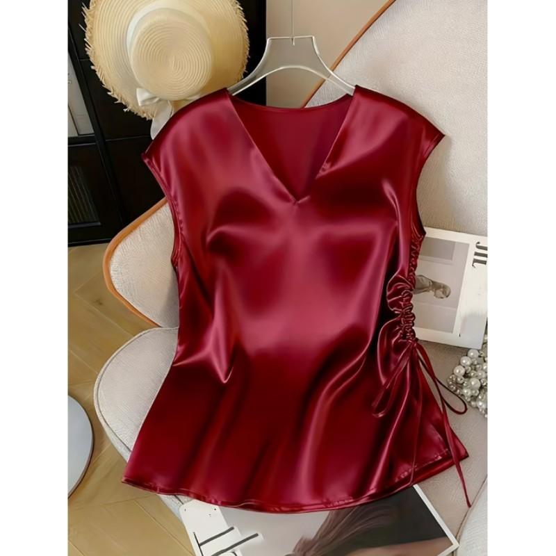 Leichtes Sommer-T-Shirt für Damen, V-Ausschnitt, Unifarben, Satin-Kurzarmhemd, Elegantes figurbetontes Oberteil