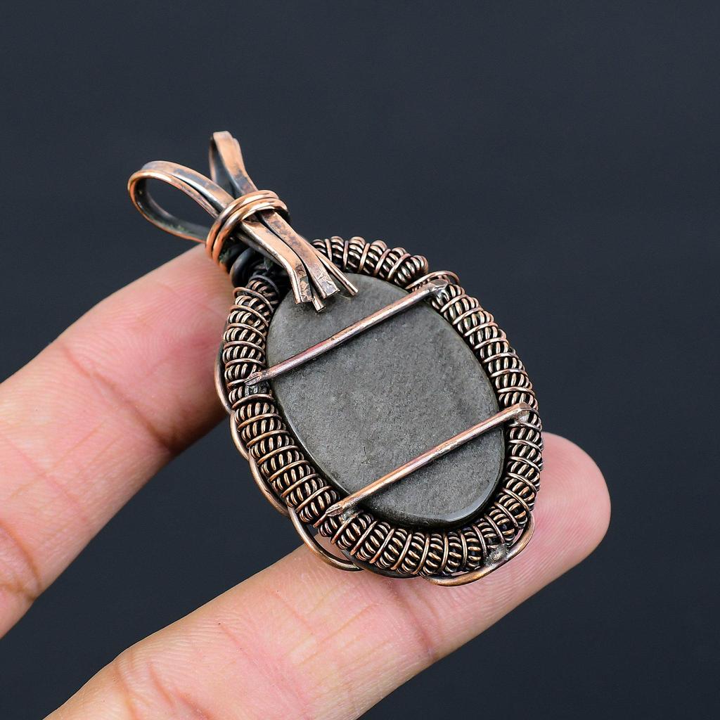 Silver Sheen Obsidian Gemstone Pure Copper Wire Wrapped Handmade Jewelry Pendant For Her