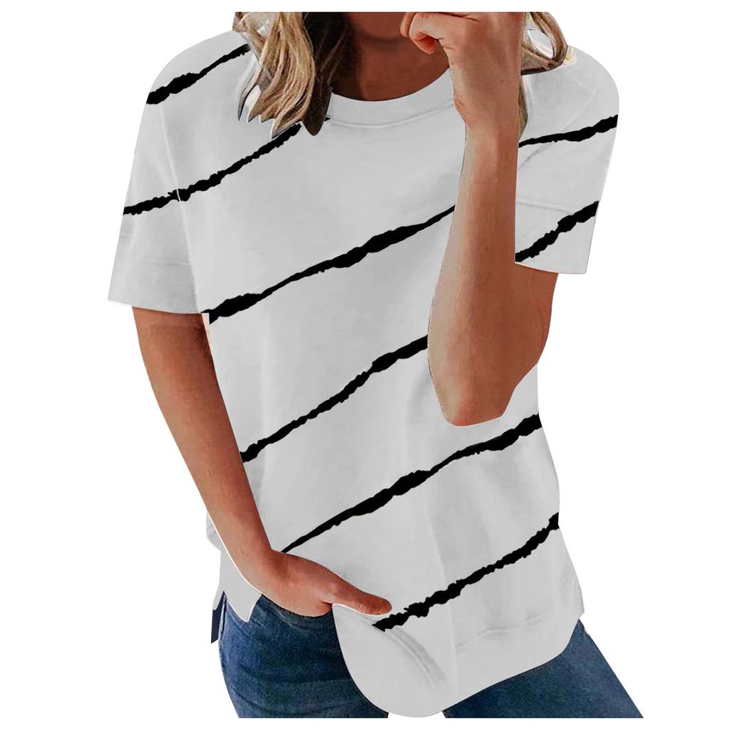 Women's Casual Fashion Short Sleeve Striped Printed Round Neck Pullover T-shirts