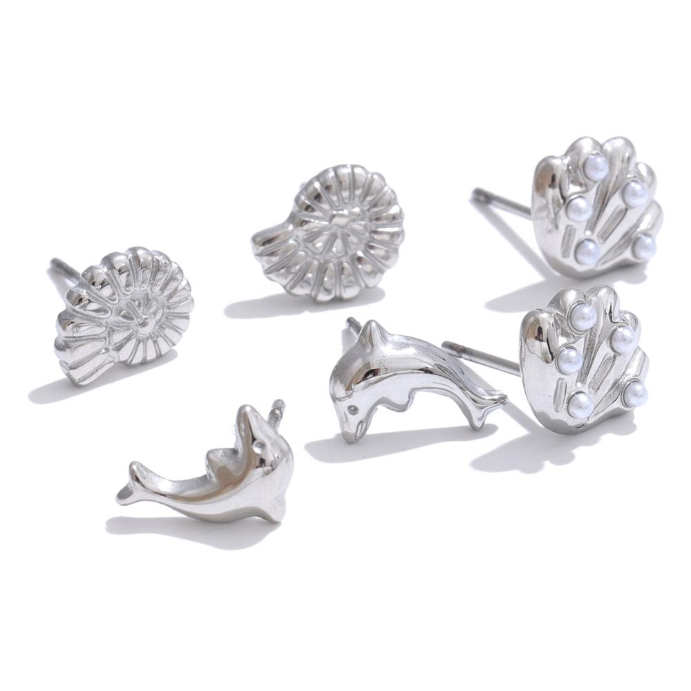 Yhpup Ocean Style Shell Conch Dolphin Stud Earrings One Set Ear Stacking Gold Color Summer Stainless Steel Studs Jewelry