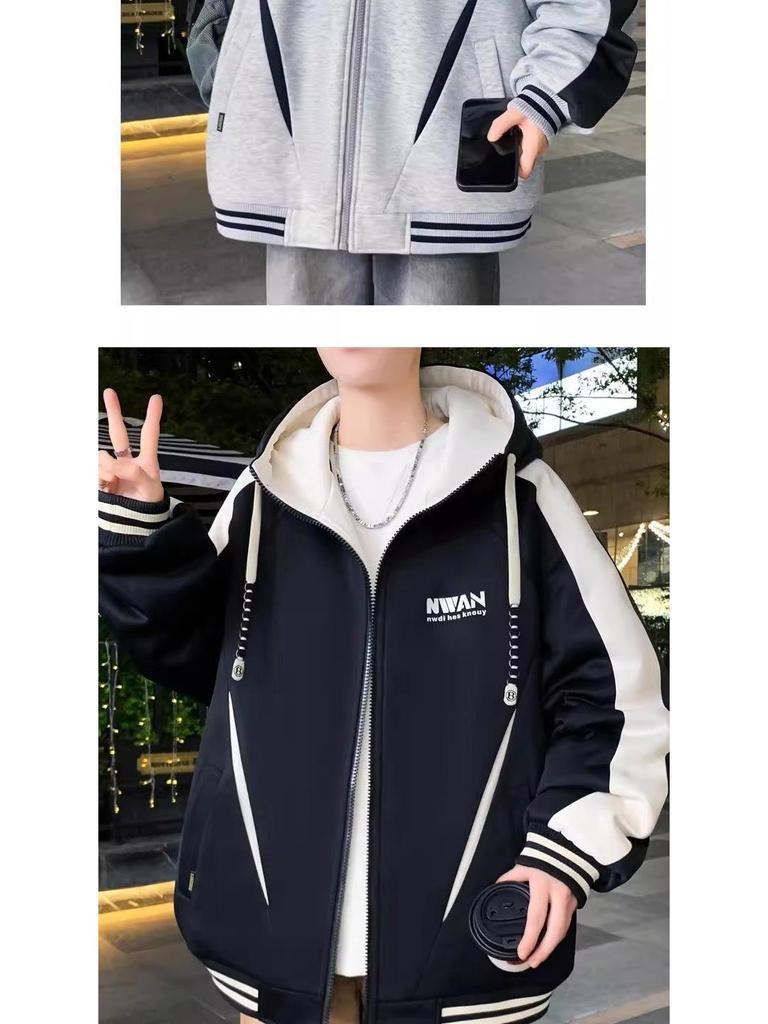 Men's Winter Fleece-Lined Hooded Baseball Jacket - Loose Fit, Plus Size Trend.