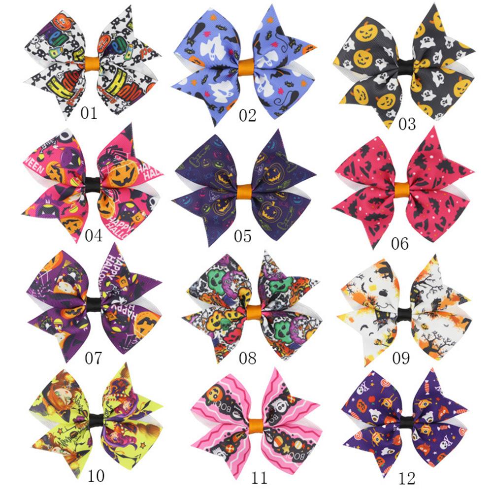 

12 Pcs Kids Halloween Pattern Bowknot Hair Clip Hairband Ornament Gift Color mixing #1